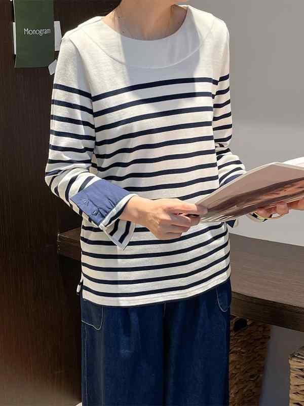Tシャツ レディース 長袖 ストライプ コットン トップス シャツ 丸首 ゆったりシルエット シンプル 秋季 日韓カジュアル アイボリー 接触冷感 吸湿速乾 軽量 普段使い 通勤