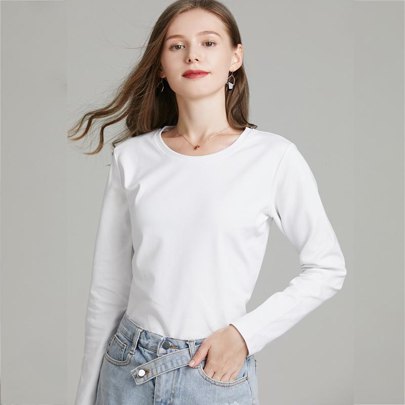 秋冬 レディース 長袖 Tシャツ トップス 修身シルエット 丸首 インナー 気質 通勤 普段使い 綿 光沢 柔らか 接触冷感 純色 セットインスリーブ 洗い加工 都市風 欧米スタイル ブラック ホワイト 軽量 伸縮性 吸湿速乾 高級感 ビッグシルエット