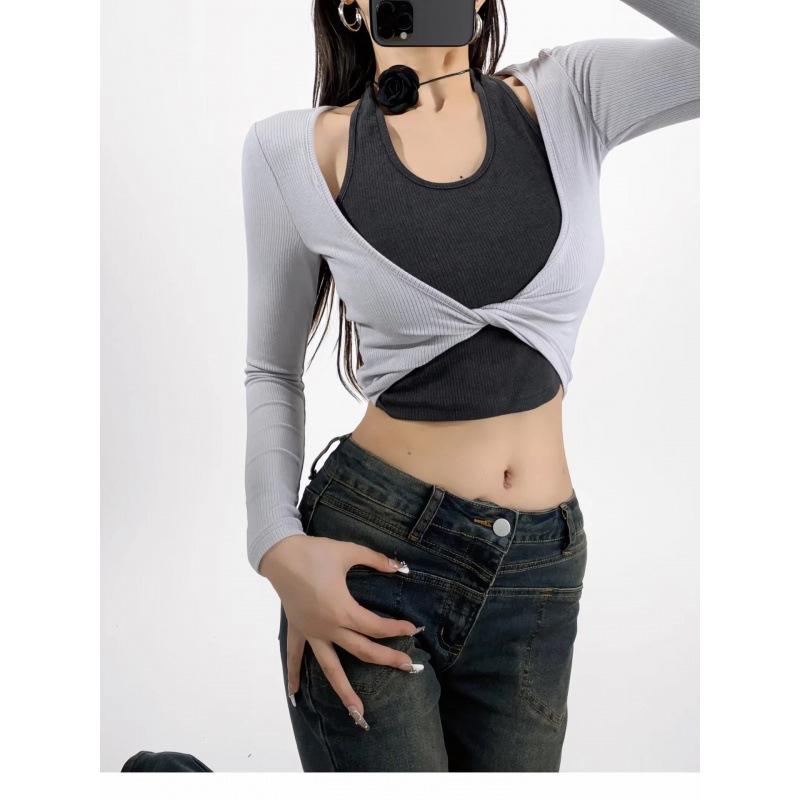 秋冬 女性用 セクシー ギャル ツイスト フェイクツーピース ハングネック トップス 修身 スリム ショート丈 長袖 シャツ 綿 素材 切り替え デザイン ピンストライプ クラッシュカラー ライトグレー ダークグレー ホワイト ブラック スリムフィット