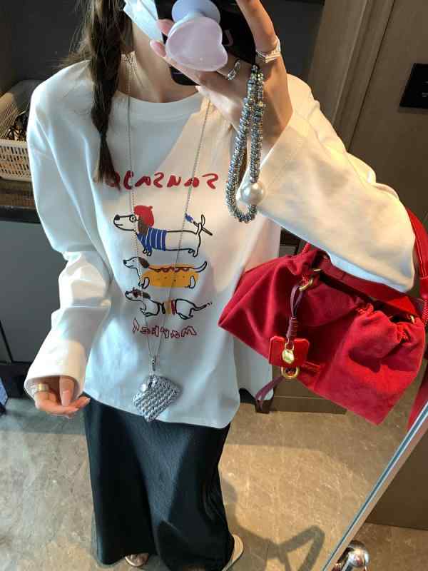 Tシャツ レディース 通勤用 動物柄 かわいい 芸術的 ライン柄 プリント 丸首 ゆったり ロングスリーブ 切り替え コットン ストレッチ 綿95% 以上 接触冷感 軽量 吸湿速乾 白 グレー 春夏 普通丈 50cm 以上 65cm 以下 気質 スタイル