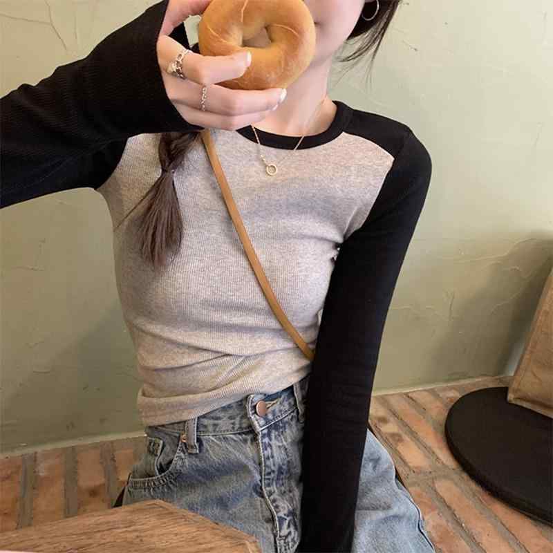 トップス レディース 秋 長袖 修身 短丈 切り替え コットン スパンデックス 接触冷感 伸縮性 挿し肩 ラウンドネック セーター インナー レイヤード ブラック ネイビー グリーン かわいい セクシー スタイル 私服 普段使い 通勤 軽量 吸湿速乾 高