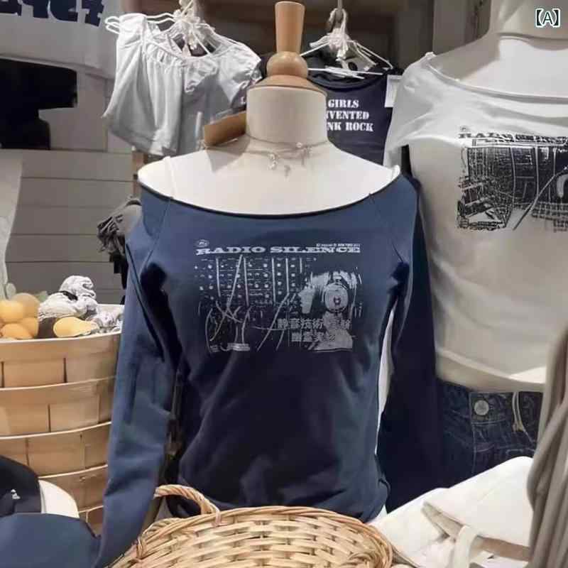 Tシャツ 女性用 長袖 ボートネック ギターモチーフ アルファベット プリント コットン 素材 ゆったりシルエット かわいい スタイル 春夏 トップス 普段使い 軽量 吸湿性 ブラック グレー ピンク アイボリー ベーシック カジュアル シャツ プルオー