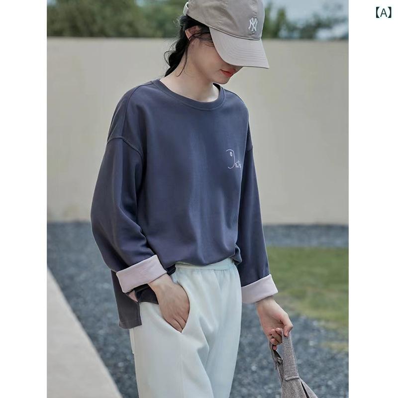 Tシャツ レディース 春夏 長袖 トップス 綿 スパンデックス 切り替え カラーブロック グラフィックプリント ラウンドネック ルーズフィット 通勤 普段使い ヨガ 旅行 散策 柔軟 接触冷感 吸湿速乾 ライトウェイト グレー ブルー|LiLishop6