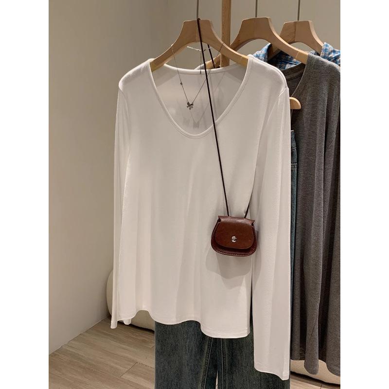 Tシャツ 女性用 秋冬 長袖 Vネック トップス インナー コットン素材 ゆったりシルエット 気質通勤 都市スタイル 純色 白色 ブラック 吸湿速乾 軽量 伸縮性 カジュアル 普段使い レイヤード