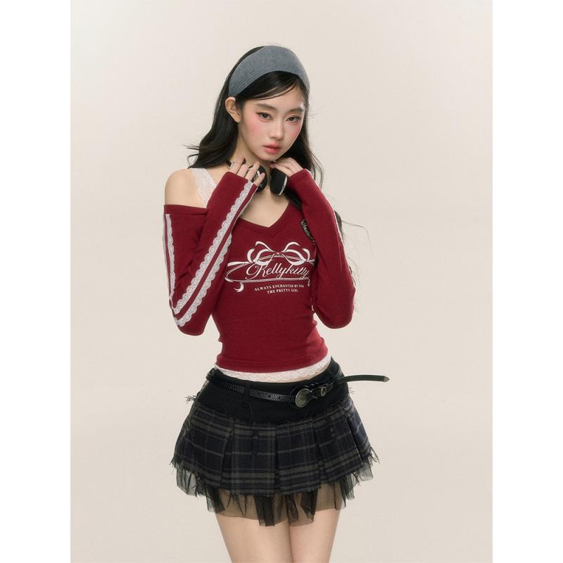 Tシャツ 女性用 秋冬 長袖 Vネック レース 肩出し インナー トップス 接触冷感 伸縮性 ブラック ハイネック プリンセススリーブ スリムフィット レイヤード 私服 女性らしい スタイル 綿混 再生繊維 軽量 吸湿速乾