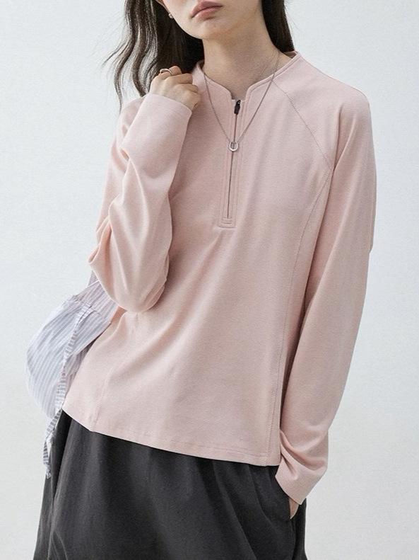 T シャツ 女性用 かわいい ピンク 半開きジッパー 修身 長袖 挿肩袖 トップス コットン ポリエステル 切り替え デザイン A ライン シルエット 普通丈 丸首 通勤 スタイル 気質 春夏 軽量 伸縮性 吸湿速乾 ブラウス シャツ