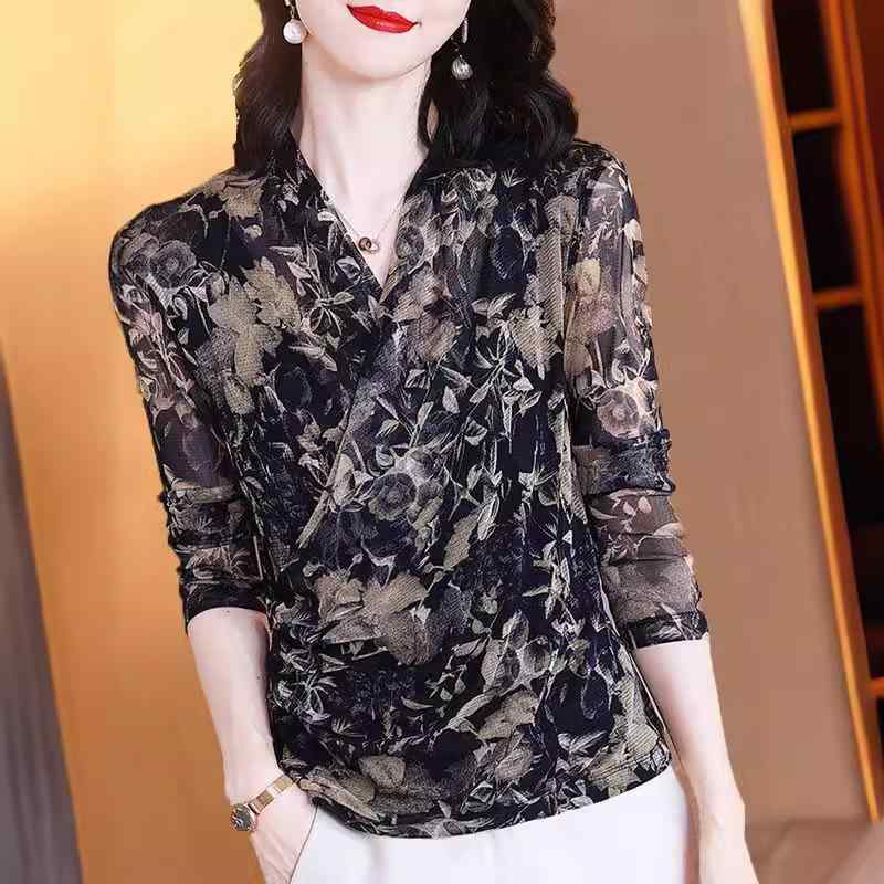 レディース Tシャツ Vネック 短袖 インナー トップス 修身 気質 通勤 セットインスリーブ プリント 花柄 ブラック イエロー 綿 ナイロン ポリエステル 混紡 吸湿速乾 伸縮性 軽量 春夏 秋冬 四季対応 普段使い オフィス カジュアル ビッグシル