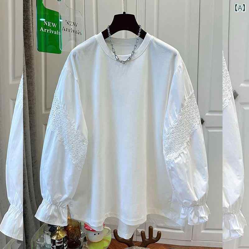 Tシャツ レディース 春夏 長袖 丸首 レース 切り替え 大きいサイズ ゆったり インナー コットン 素材 白色 日常使い 軽量 日韓 スタイル カジュアル