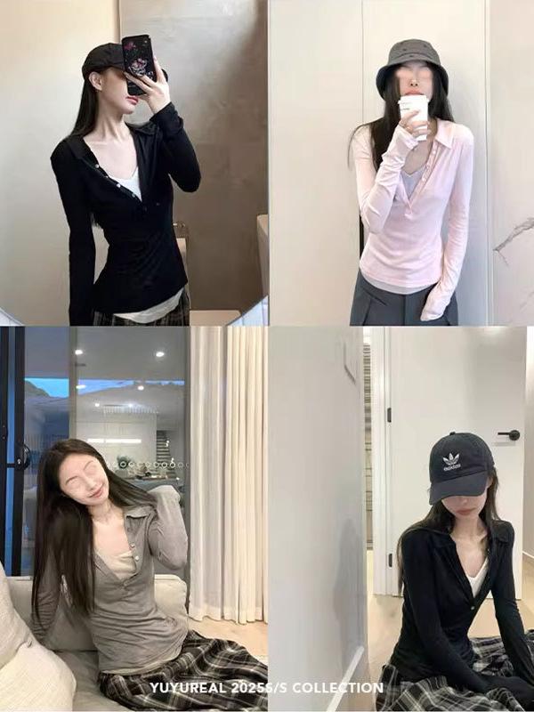 Tシャツ 女性用 春 長袖 インナー トップス 偽ツーピース 切り替えデザイン Vネック 修身シルエット コットン ポリエステル ピンク ブラック グレー 純色 ボタン 付け 日韓カジュアル 軽量 通勤 普段使い 吸湿速乾 伸縮性 接触冷感