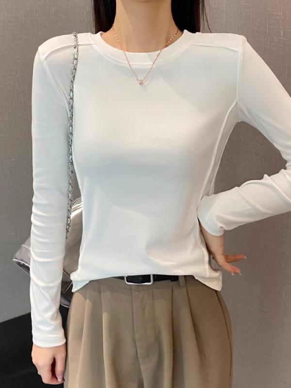 Tシャツ レディース 長袖 白色 丸首 春夏 切り替え 修身 綿 スパンデックス 混紡 魚骨柄 染色加工 日系カジュアル 普段使い インナー トップス ヒップカバー 軽量 伸縮性 フィット感 シンプル ベーシック アイボリー系
