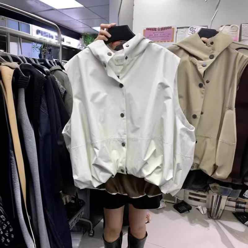 レディース 無袖 南瓜 連帽 マキシム 馬甲 トップス かわいい 手描き柄 ポケット付き ワイドシルエット ドローストリング 気質 通勤風 秋 秋冬 ポリエステル 切り替え ブラック ベージュ系 アイボリー 通勤 普段使い 軽量 伸縮性 吸湿速乾