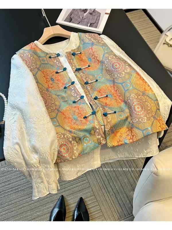 秋冬 女性用 セットアップ 国風 馬甲 長袖 シャツ トップス 外套 ジャケット ポリエステル 素材 抽象柄 ボタン デザイン ルーズフィット 丸首 単排ボタン ミドル丈 復古 スタイル ファッション セット