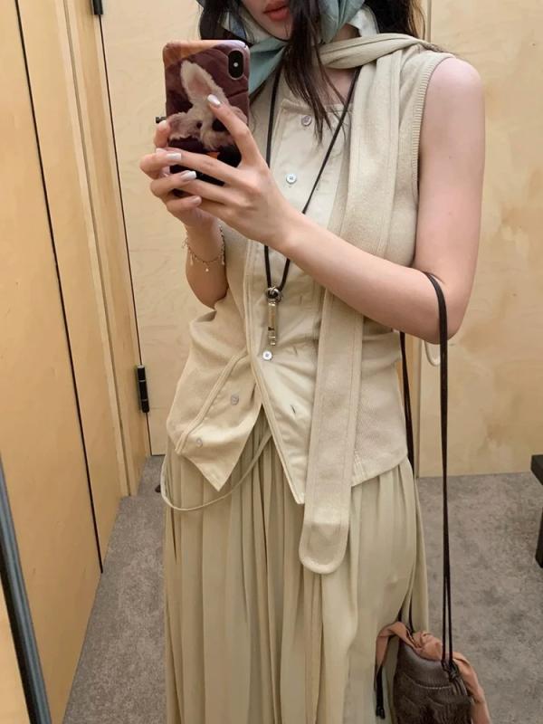 レディース ニット トップス 背心 修身 スリム デザイン 夏 春夏 接触冷感 綿 再生繊維 中弾力 アイボリー 米白色 純色 ボタン 不規則 ストラップ 気質 通勤 普段使い 伸縮性 軽量 吸湿速乾 ハイエレガント ビッグシルエット