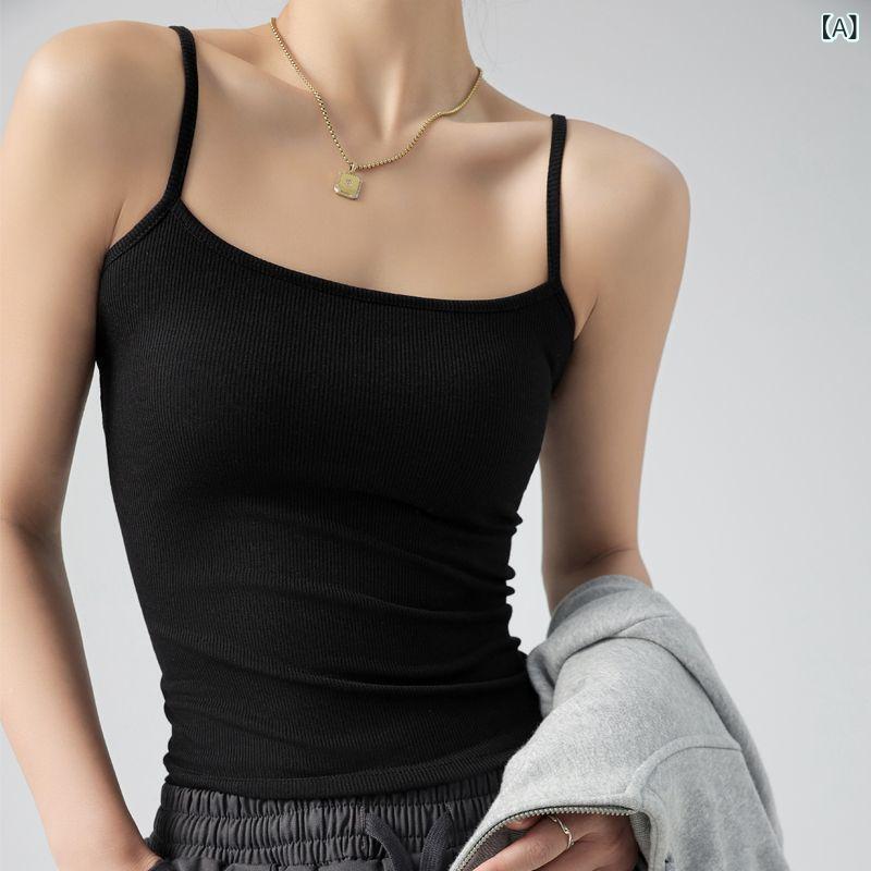 女性用 キャミソール トップス 修身 ショート丈 高弾力 スパンデックス混 ポリエステル 防走光 インナー インナーウェア 夏用 通勤 普段使い 黒 白 グレー ブラウン ベージュ系 緑系 切り替え ダブルストラップ スリムフィット 伸縮性 軽量 吸湿速