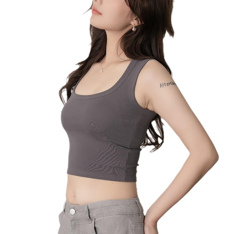 女性用 春夏 ブラ トップス 修身 コットン 無袖 吊り紐 背心 丸首 大きめ 襟元 快適 フィット 感 コットンパッド 海綿パッド 厚手 素材 ブラック ホワイト グレー ブラウン ロング丈 タイプ 四季通用 吸湿 速乾 軽量 伸縮性 日常使い インナ