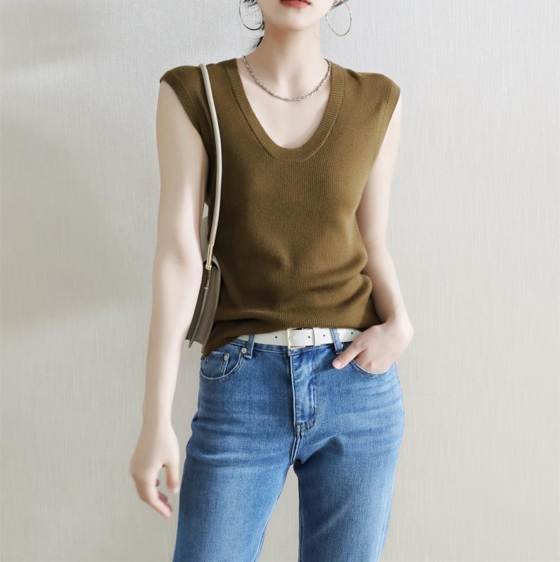 ニット トップス 女性用 半袖 Uネック 綿 ポリエステル 混紡 伸縮性 快適 フィット シルエット 純色 ブラック ホワイト グレー ゴールドブラウン 春夏 日常使い 日韓 カジュアル スタイル