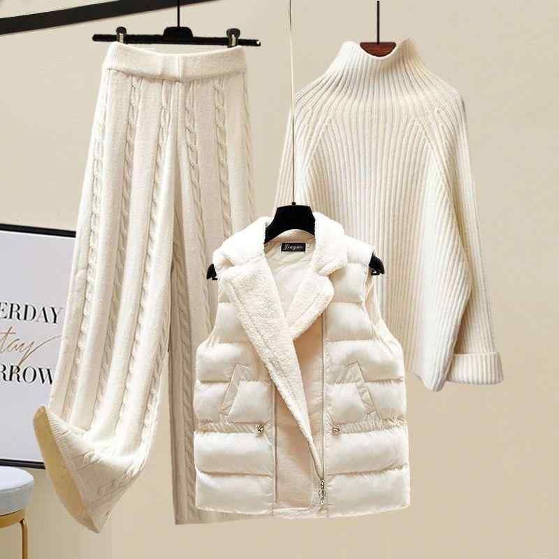 レディース 秋冬 セットアップ 厚手 ハイネック ニット セーター ワイドパンツ 3点セット レイヨン 混紡 軽熟風 快適 ミセススタイル 米色 ブラウス 長袖 無袖 トップス ボトムス 純色 長パン シルク加工 清新 甘め コットン 風 吸湿速乾 暖か