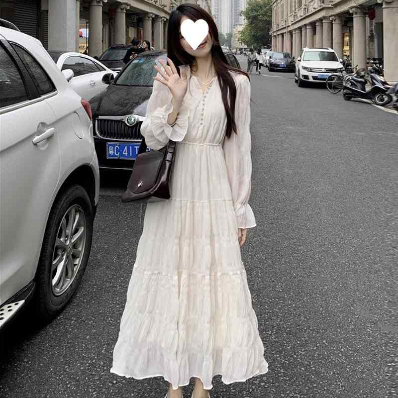 ワンピース レディース 春夏 長袖 白色 Aライン ロングスカート Vネック プルオーバー 雪?素材 純色 プリーツ 切り替え 中腰 気質 優雅 通勤用 普段使い 軽量 伸縮性 米白色 アイボリー シルク調 再生繊維 高級感 仙女風