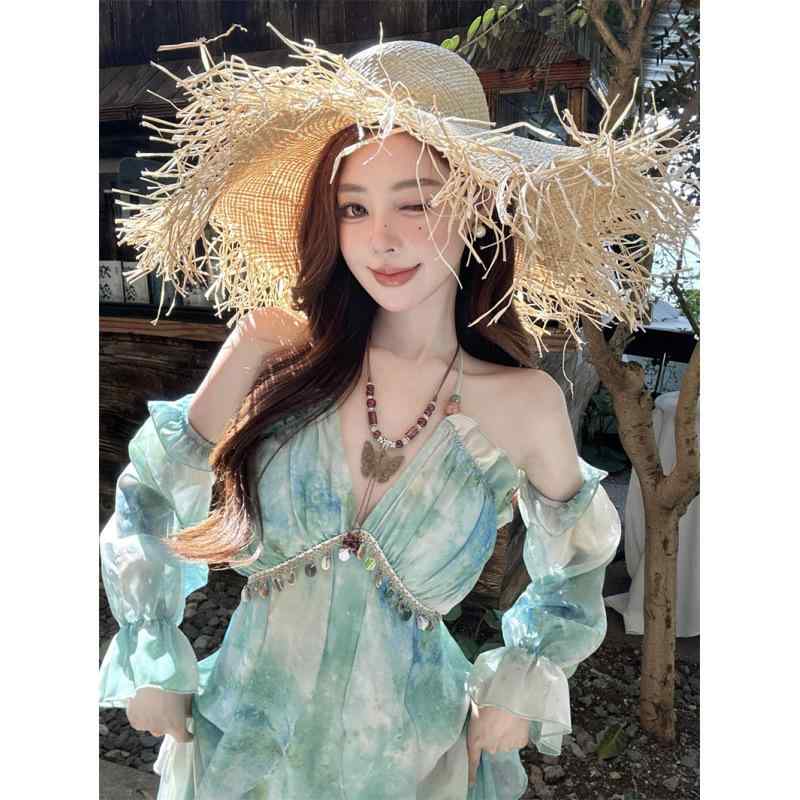 ワンピース レディース 夏 海辺 リゾート 風 不規則 グラデーション プリント 吊り紐 ロングドレス デザイン 個性派 肩出し Vネック フレア袖 長袖 中腰 雪?素材 花柄 街頭 カジュアル 潮人 スタイル 吸湿速乾 軽量 セットアップ不要 単品 ロ