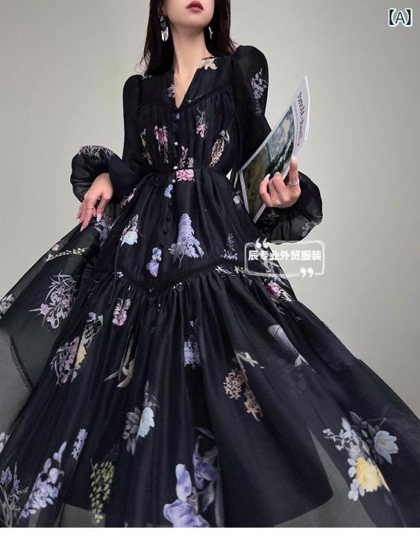 ワンピース 女性用 春夏 花柄 刺繍 Vネック 長袖 高腰 フレア プリンセスライン レース ブラック アイボリー ポリエステル 軽量 ゆったり ビーチ リゾート フラワープリント ボタン ロングスカート フレンチスタイル レトロ セクシー