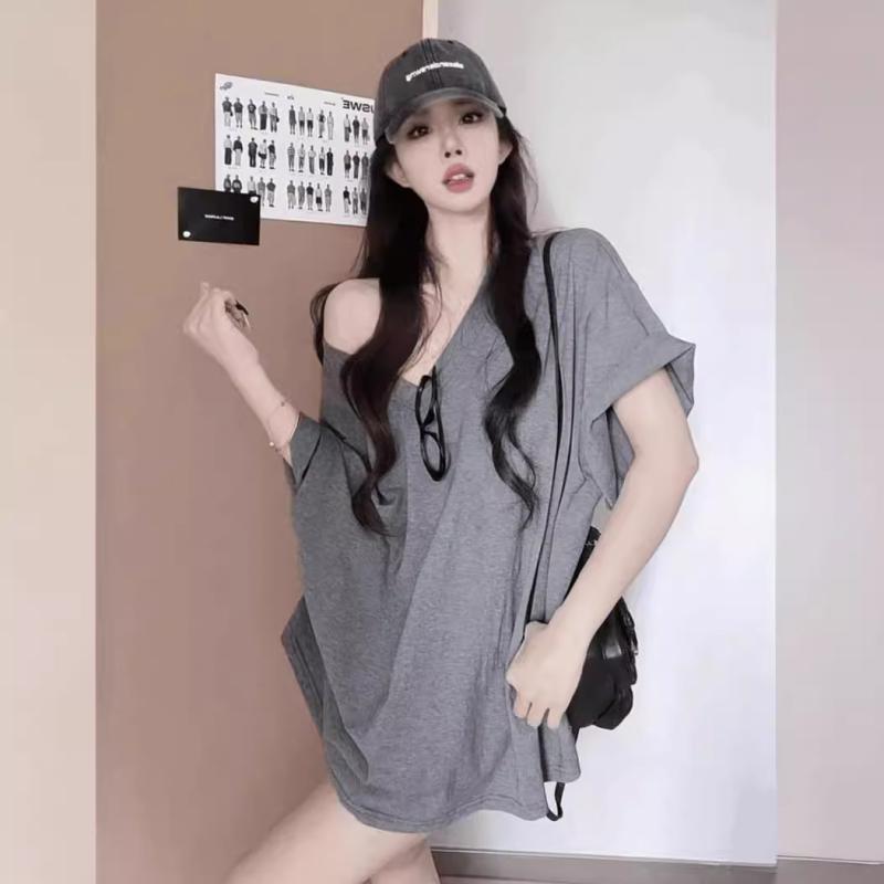 Tシャツ 女性用 春夏 通勤 ゆったり ビッグシルエット 深Vネック 慵?風 ラフスタイル コットン ポリエステル混紡 接触冷感 吸湿速乾 軽量 伸縮性 5分袖 セットインスリーブ 中長丈 65-80cm ユニセックス 百搭 気質 快適 リラックス デイ