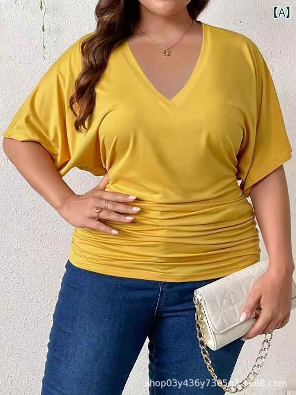 Tシャツ 女性用 夏 接触冷感 Vネック 短袖 ゆったり 大きいサイズ トップス 純色 プリーツ デザイン 気質 通勤 スタイル 快適 休? 黄色 ピンク 白色 ブラック ライトブルー グリーン ベージュ ネイビー ポリエステル 中長丈 セットアップ 可