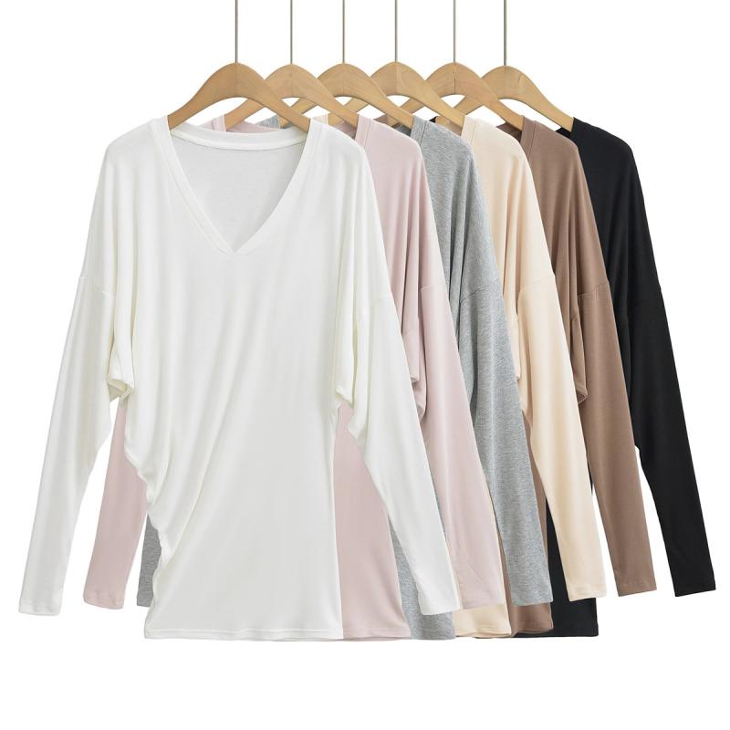 長袖Tシャツ 女性用 秋 ラウンドネック ゆったりシルエット 中長丈 肩落としデザイン 純色 防晒 街頭スタイル セクシー 接触冷感 吸湿速乾 白色 ブラック グレー ピンク ベージュ ブラウン コットン混 ポリエステル 伸縮性 軽量 通勤 普段使い カ