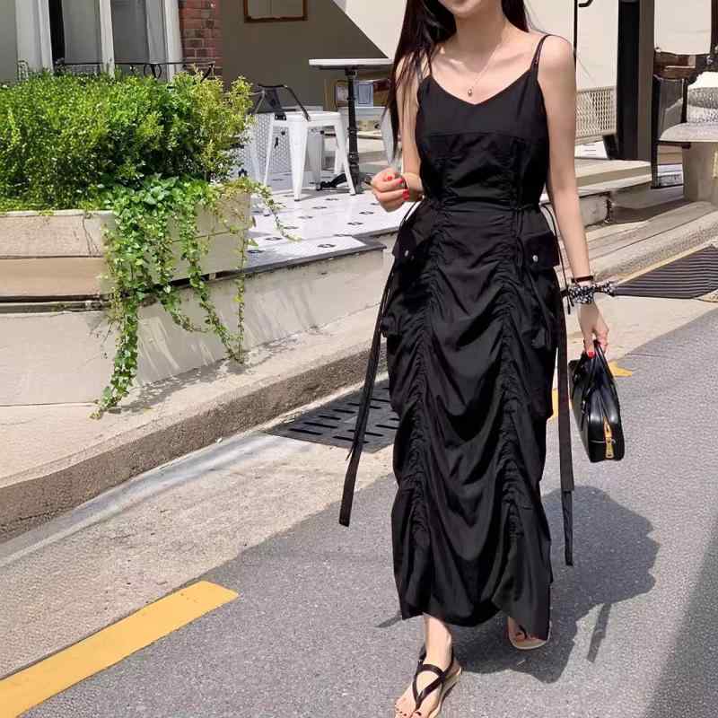 レディース 春夏 ワンピース ドレス 韓国風 かわいい 復古 プリーツ 切り替え 吊り帯 無袖 Vネック ハイウエスト ラージポケット スリムフィット ゆったり ロング丈 ワンサイズ 快適 休日用 軽量 再生繊維 ホワイト カーキ ブラック
