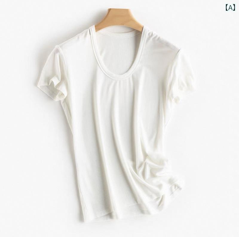 Tシャツ 女性用 桑蚕絲 粘液繊維 接触冷感 免・聞 短袖 トップス U領 丸領 Vネック ゆったり 普通丈 ソリッドカラー アイスカラーパレット 白色 ブルー系 グリーン系 ブラック イエロー系 ピンク系 ライムグリーン 日韓カジュアル 夏 吸湿速乾 快