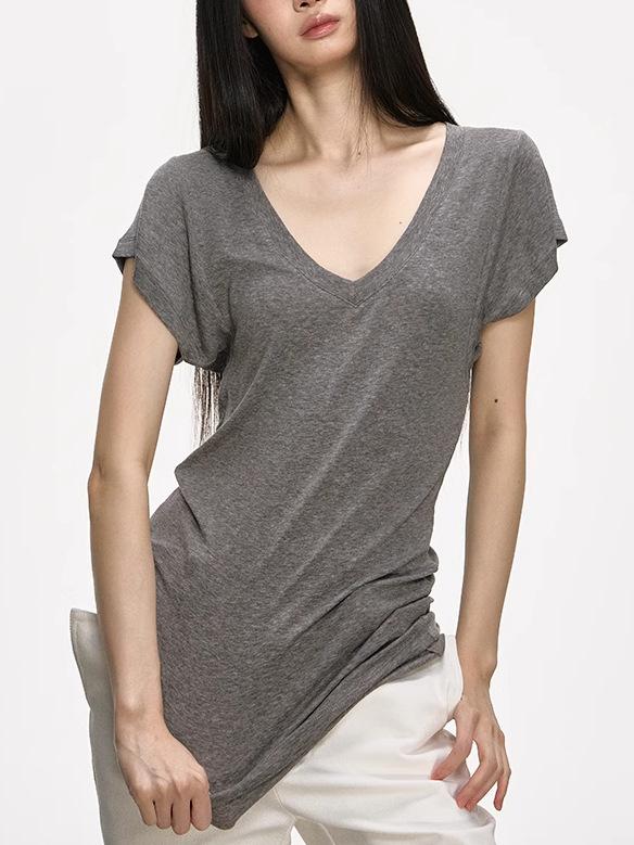 Vネック 短袖 Tシャツ 女性用 レイヨン 混 羊毛 レイセル 繊維 スタイリッシュ スリム フィット デザイン ゆったり シルエット ラグジュアリー 質感 トップス ブラック ホワイト グレー 接触冷感 吸湿速乾 夏 春夏 通勤 普段使い 私服 修身