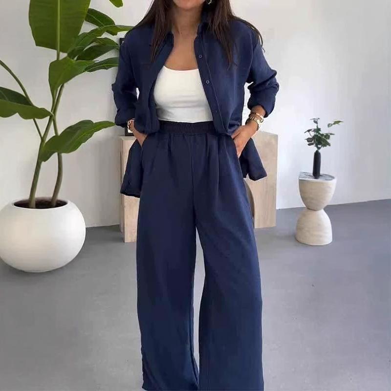レディース トップス ブラウス 長袖 シャツ ボタン 切り替え 綿麻 素材 95% 以上 セット ワイドパンツ ロングパンツ 通勤 通気性 快適 気質 スタイル 深青 ホワイト アーミーグリーン カーキ ブラウン ブラック ゆったり シルエット 春夏 セ