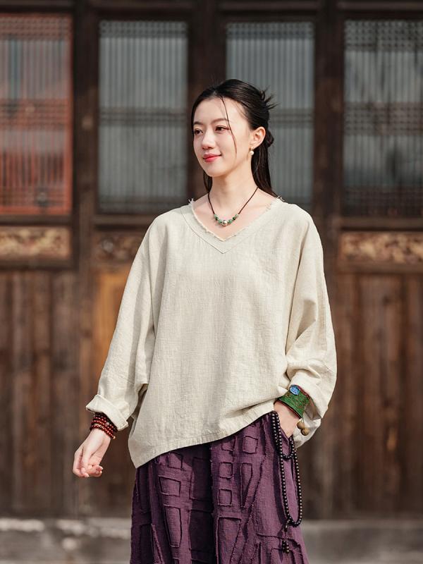Tシャツ レディース 綿麻 Vネック 長袖 蝙蝠袖 ゆったりシルエット 切り替えデザイン 接触冷感 吸湿速乾 ライトな着心地 春夏 通勤 普段使い 復古風 麻本色 墨緑 ユニセックス