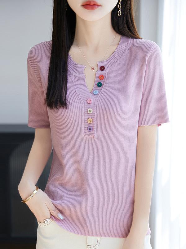 Tシャツ 女性用 春夏 短袖 Vネック ボタン デザイン ゆったり 大きいサイズ 接触冷感 ポリエステル ピンク ミントグリーン イエロー ライトブルー グレー ブラック ミルクホワイト スタイル かわいい ソフト スリムフィット 吸湿速乾 軽量 普段使