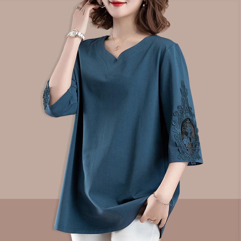 レディース Tシャツ 夏用 七分袖 ゆったり 大きいサイズ 腹部カバー Vネック トップス 気質 通勤 都市風 ゆったりシルエット ポリエステル 純色 貼り付け 刺繍風 透け感 ブルー ピンク ブラック 接触冷感 吸湿速乾 軽量 伸縮性 ハイネック風 ラ