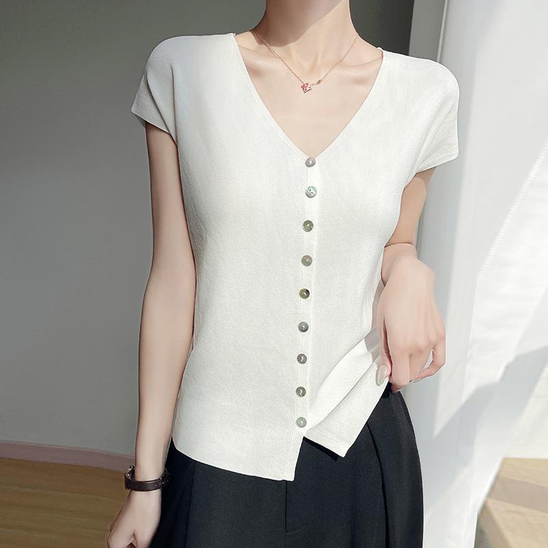 Tシャツ 女性用 夏 白色 Vネック ノースリーブ ボタン 開襟 ゆったり 涼感 ポリエステル シンプル かわいい 軽量 吸湿速乾 日常使い トップス