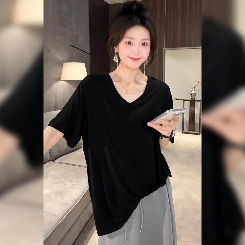 Tシャツ 女性用 ブラック Vネック 短袖 夏 ゆったり 中長丈 かわいい トップス 百搭 半袖 モダール混 ストレッチ 無地 セットイン ノンアイロン ルーズフィット 普通丈 スタンダードスリーブ 清新 甘め 軽量 通気性 吸湿速乾 日常使い シンプル 4,419円