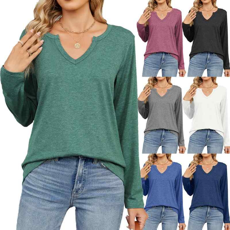 秋冬 長袖 Tシャツ トップス 女性用 Vネック ゆったり ワイドシルエット 純色 綿混 ポリエステル 接触冷感 中長丈 セットインスリーブ マカロンカラー 気質 通勤 都市 カジュアル 快適 部屋着 吸湿速乾 軽量 伸縮性 ブラック ホワイト グレー