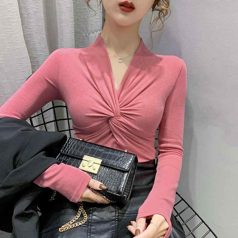 Vネック 長袖 Tシャツ レディース 修身 春夏 秋冬 通勤 普段使い 接触冷感 綿素材 純色 切り替え デザイン かわいい トップス ピンク 赤 グレー ブラック ホワイト 少女風 軽量 伸縮性 吸湿速乾