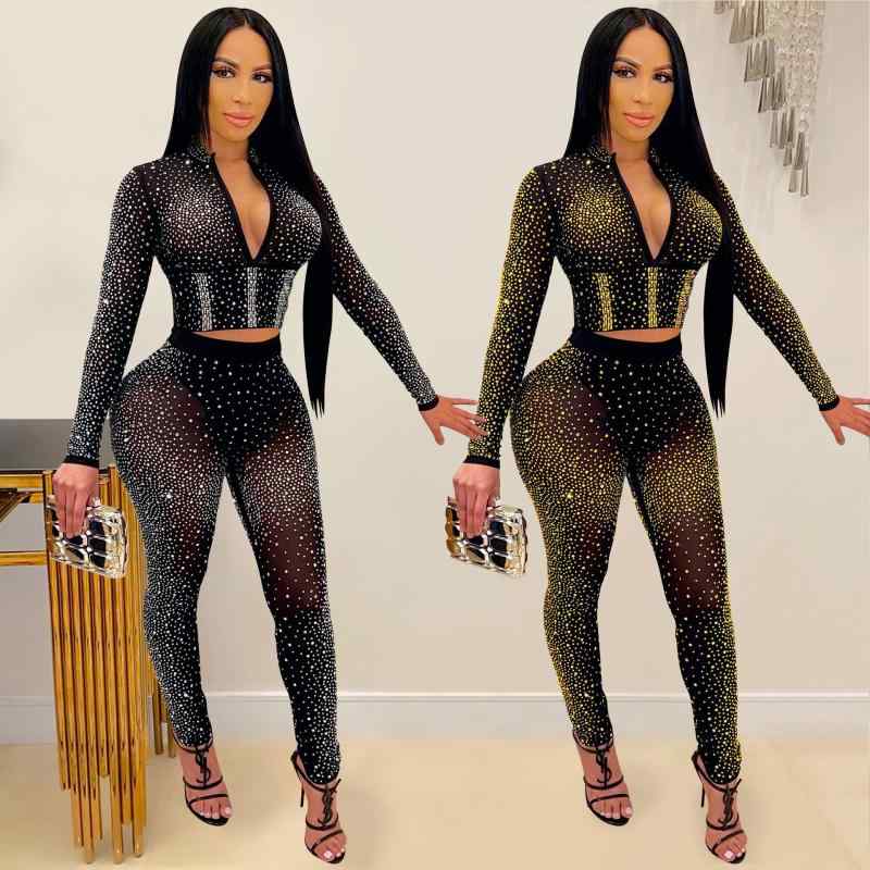 レディース セクシー セットアップ 透け感 ネット生地 長袖 トップス ロングパンツ セット 切り替え デザイン ラインストーン 装飾 伸縮性 ポリエステル 混 スパンデックス シルバー カラー ゴールド カラー タイト フィット シルエット 夏 シーズ
