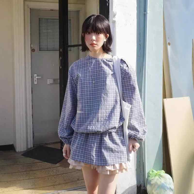 レディース セットアップ トップス スカート 格子柄 綿素材 泡泡袖 ロングスリーブ フレアヘム ブルー 春夏 韓国風 カジュアル 普段使い 軽量 通勤 デート 切り替えデザイン 膝丈 ハイウエスト 吸湿速乾 柔らかい 女性用 韓国スタイル セット シャ｜LiLishop6