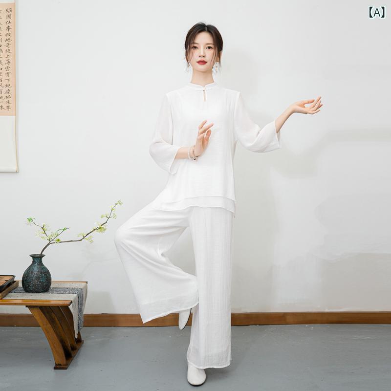 レディース 禅意 座禅 セットアップ 国風 茶道服 舞台衣装 トップス ロングパンツ 2点セット 女性用 ホワイト ピンク系 コットン ポリエステル 混紡 スパンデックス ストレッチ 七分袖 純色 ローランドエッジ加工 春夏 気質 優雅 ゆったり フィッ