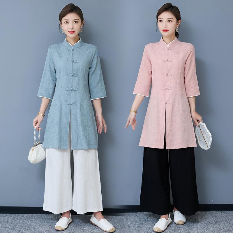 レディース 中国風 復古 盤ボタン 禅意 茶服 トップス 七分袖 綿混紡 接触冷感 軽量 吸湿速乾 かわいい 気質 ゆったり ワイドパンツ セット 春夏 秋冬 通勤 普段使い カジュアル ブルー ホワイト ブラック