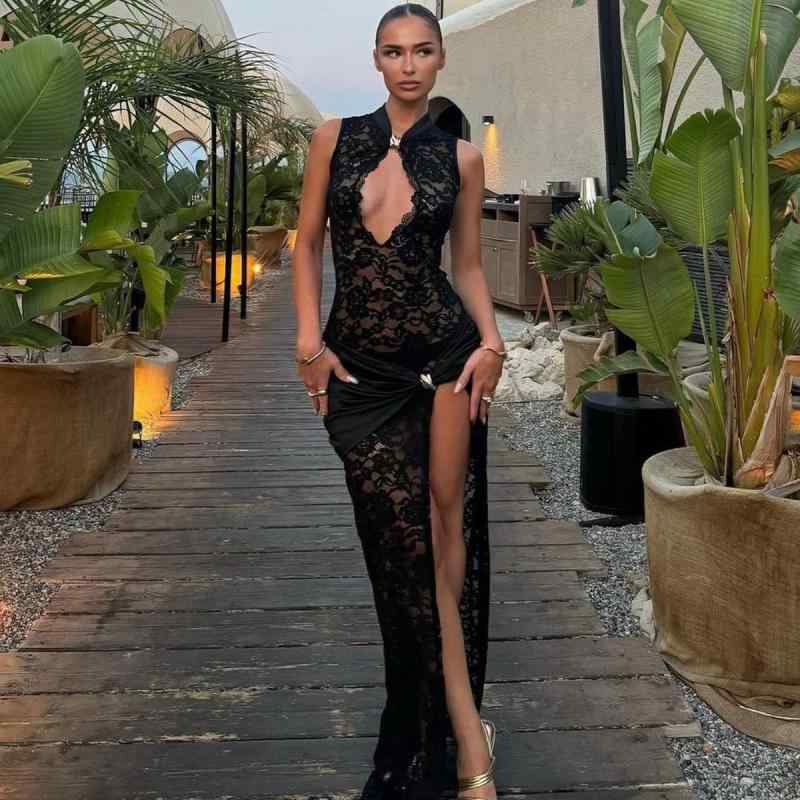 ワンピース レディース 無袖 ロング スリット レース 切り替え 修身 セクシー ファッション 秋 秋冬 ブラック ホワイト ポリエステル 接触冷感 軽量 伸縮性 吸湿速乾 街頭 潮人 スタイル 旅行 デート 屋外 普段使い 通勤用 中腰 ラウンドネック
