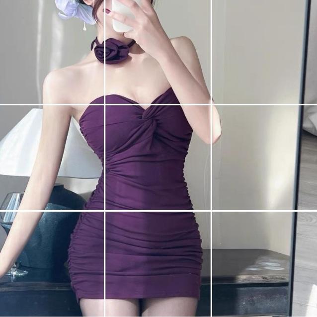 ワンピース 女性用 夏 セクシー プリーツ 接触冷感 綿 切り替え ストラップレス ハイウエスト 包み ミニスカート 紫色 ブラック 無袖 短丈 修身 フィット 気質 吸湿速乾 軽量 通勤 普段使い クラブ ダンス 私服 かわいい ビッグシルエット Vネ