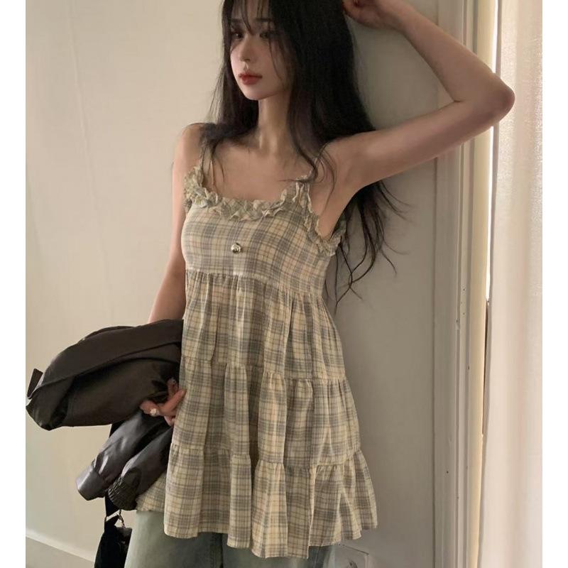 ワンピース レディース 春夏 黄色 ピンク 格子柄 Aライン 短丈 吊り紐 無袖 Vネック 木耳エッジ 花柄レース 綿 ポリエステル 混紡 軽量 通気性 かわいい 甘め 韓国風 気質 優雅 日韓カジュアル 背中開き ゆったり腰回り セットイン 日常使い