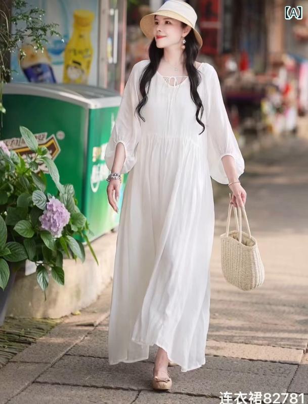 ワンピース レディース ?麻 Vネック 泡泡袖 系帯 Aライン ロングスカート 夏 春夏 接触冷感 軽量 伸縮性 吸湿速乾 再生繊維 80パーセント ゆったり ビッグシルエット かわいい 復古風 普段使い セットアップ 単品 均一サイズ 多色展開(x5)|LiLishop6