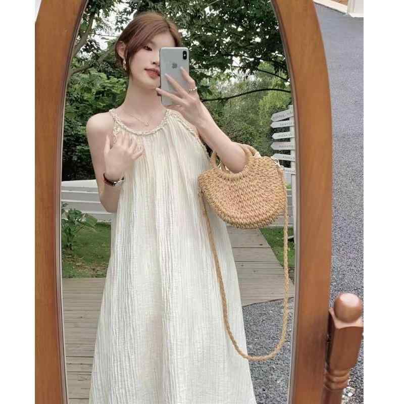 ワンピース レディース 夏 吊り首 仙女 風 小さめ 吊り帯 ドレス 女性用 季節 新款 ゆったり 無袖 肩出し 質感 中長丈 スカート 小柄 対応 ポリエステル 単色 切り替え 加工 基本 スタイル 単品 セット ハルカ ミドリ ガ スカート 型 ハン