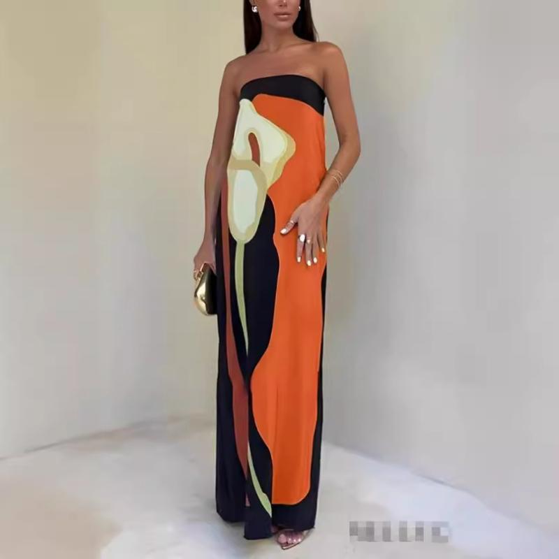 ワンピース 女性用 春夏 接触冷感 麻 ワンピース 長丈 ストレート シルエット チューブトップ 無袖 ラウンドネック ルーズフィット 立体プリント フラワー柄 グリーン オレンジ ブルー ライトパープル ピンク 修身 セクシー かわいい 私服 普段使い