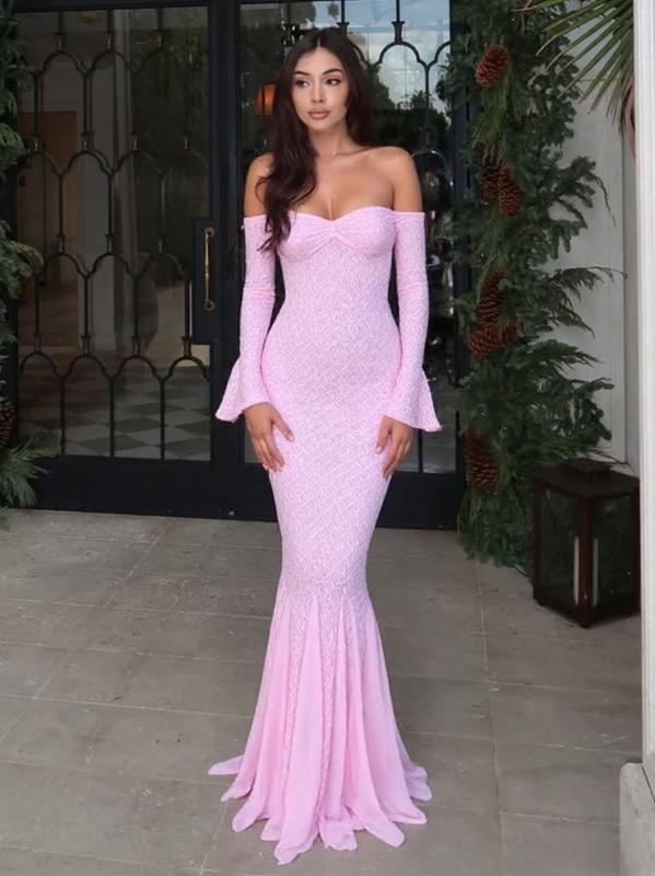 ワンピース 女性用 セクシー ストラップレス 切り替え レース 長袖 スリムフィット ロング丈 魚尾スカート イブニングドレス ピンク 接触冷感 伸縮性 ミッドライズ ウェーブネック 軽量 普段使い フォーマル 私服