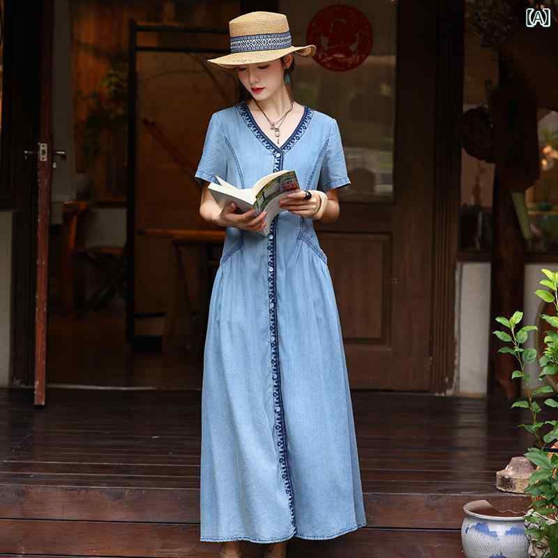 ワンピース 女性用 Vネック レイヤード レイセル デニム ロングスカート 夏 刺繍 フレア 軽量 吸湿速乾 ライトブルー ミッドライズ ボタン 短袖 花柄 刺繍 復古 気質 優雅 カジュアル 日常使い